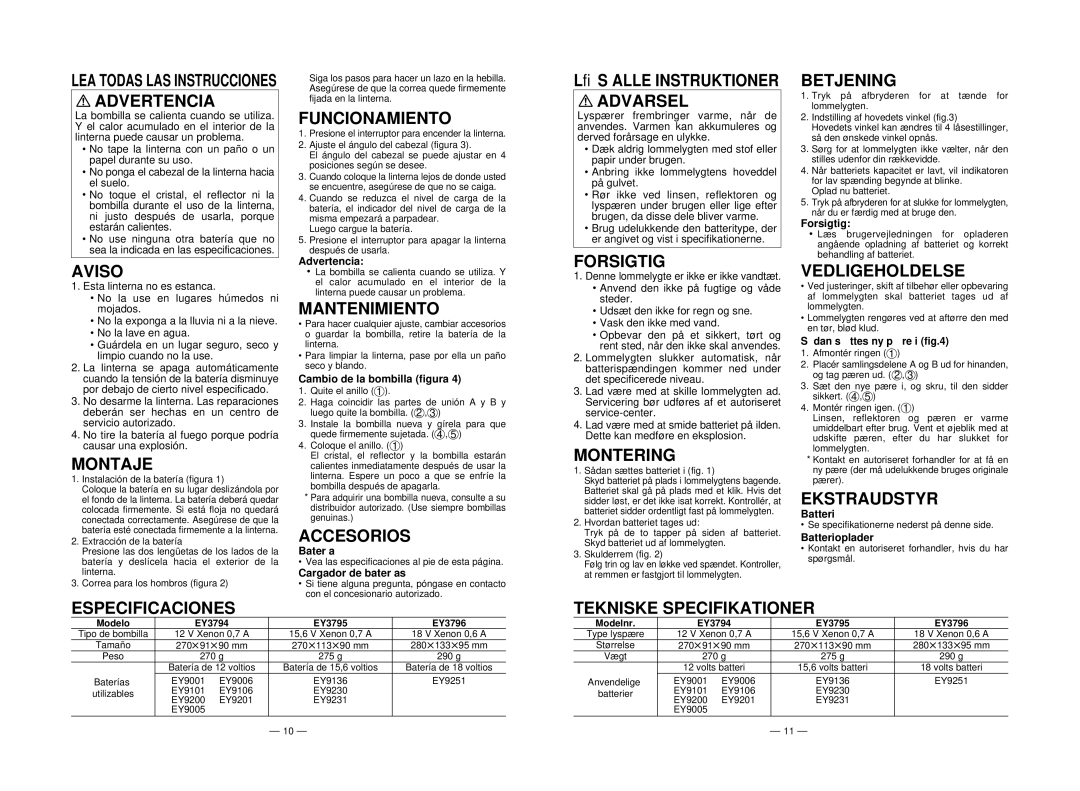 Panasonic EY3796 Advertencia, Aviso, Montaje, Funcionamiento, Mantenimiento, Accesorios, Forsigtig, Montering, Betjening 