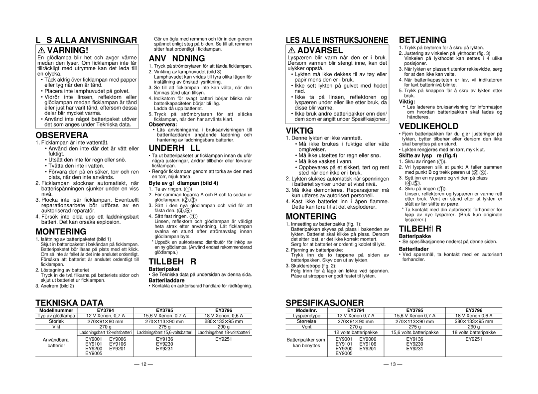 Panasonic EY3795 manual LÄ S Alla Anvisningar Varning, Observera, Anvä Ndning, Underhå LL, Tillbehö R, Viktig, Vedlikehold 