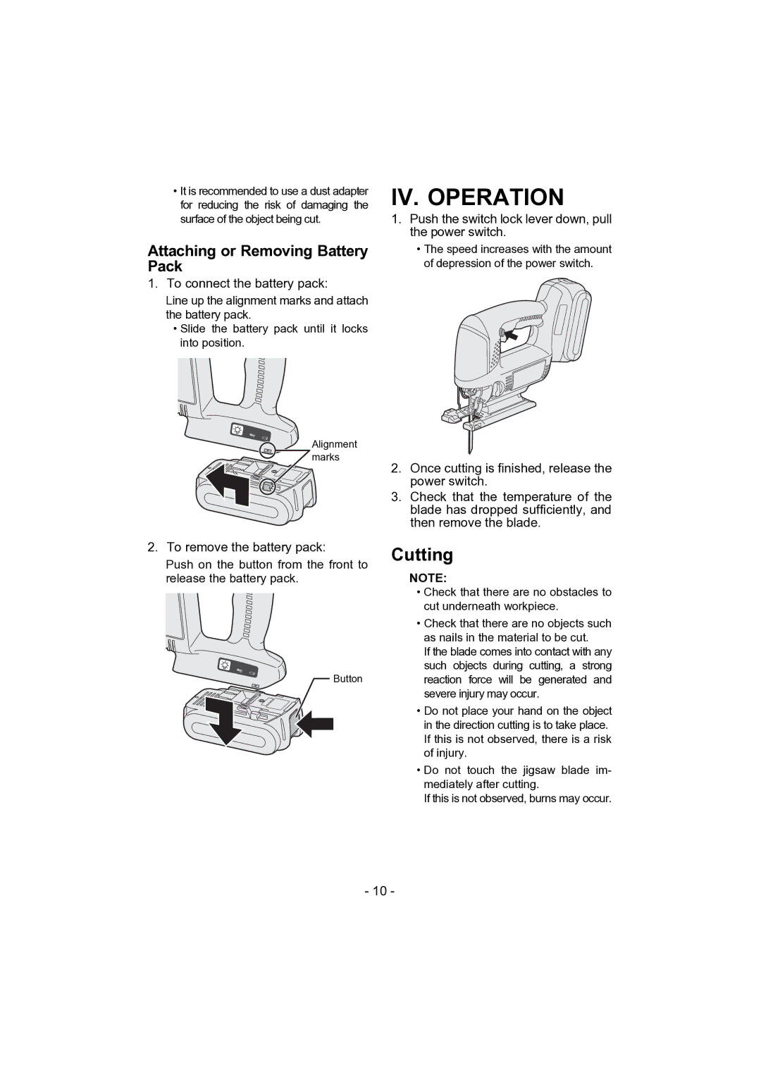 Panasonic EY4541 operating instructions IV. Operation, Cutting, Attaching or Removing Battery Pack 