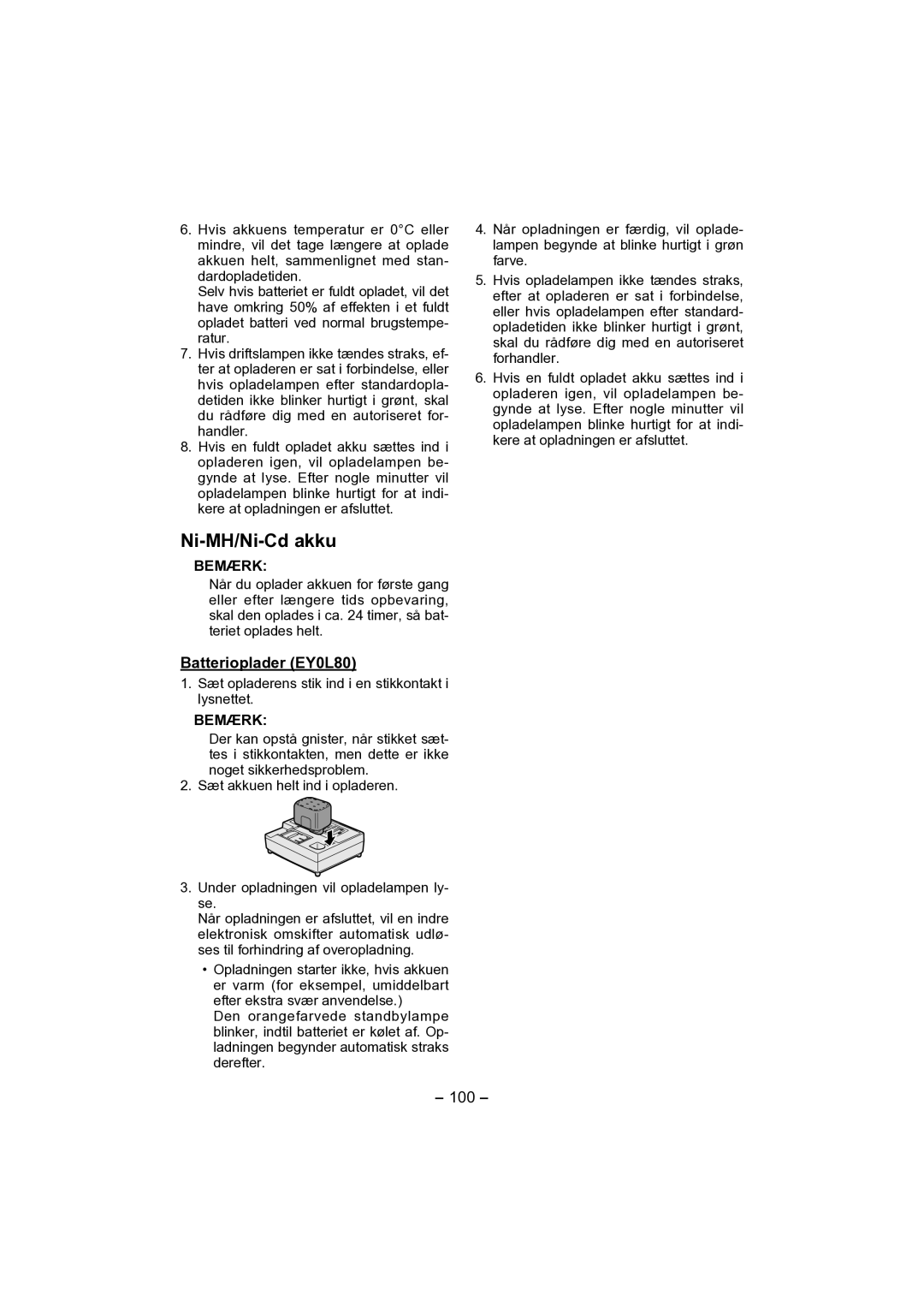 Panasonic EY4541 operating instructions Ni-MH/Ni-Cd akku, 100 