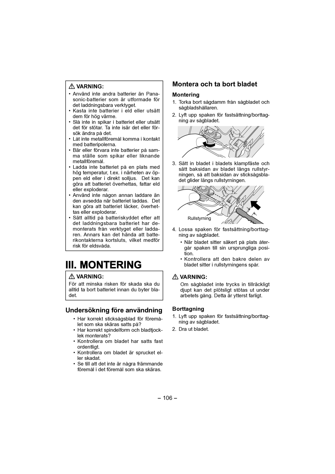 Panasonic EY4541 operating instructions Montera och ta bort bladet, Undersökning före användning, Varning, Borttagning, 106 