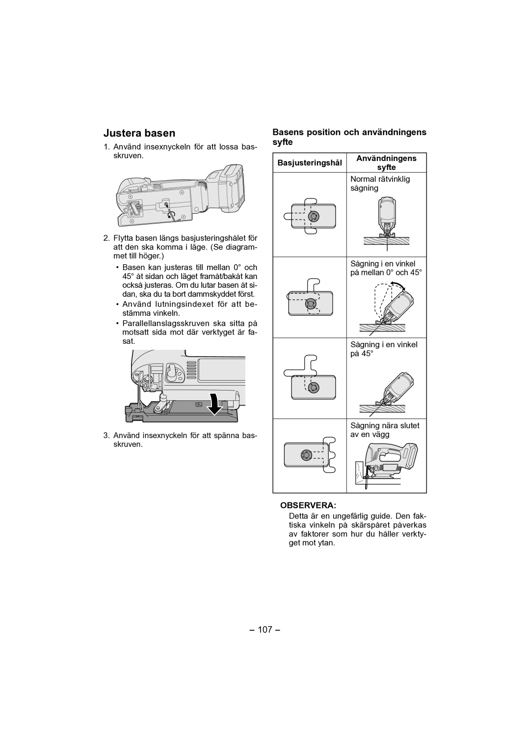 Panasonic EY4541 operating instructions Justera basen, Basens position och användningens syfte, Observera, 107 