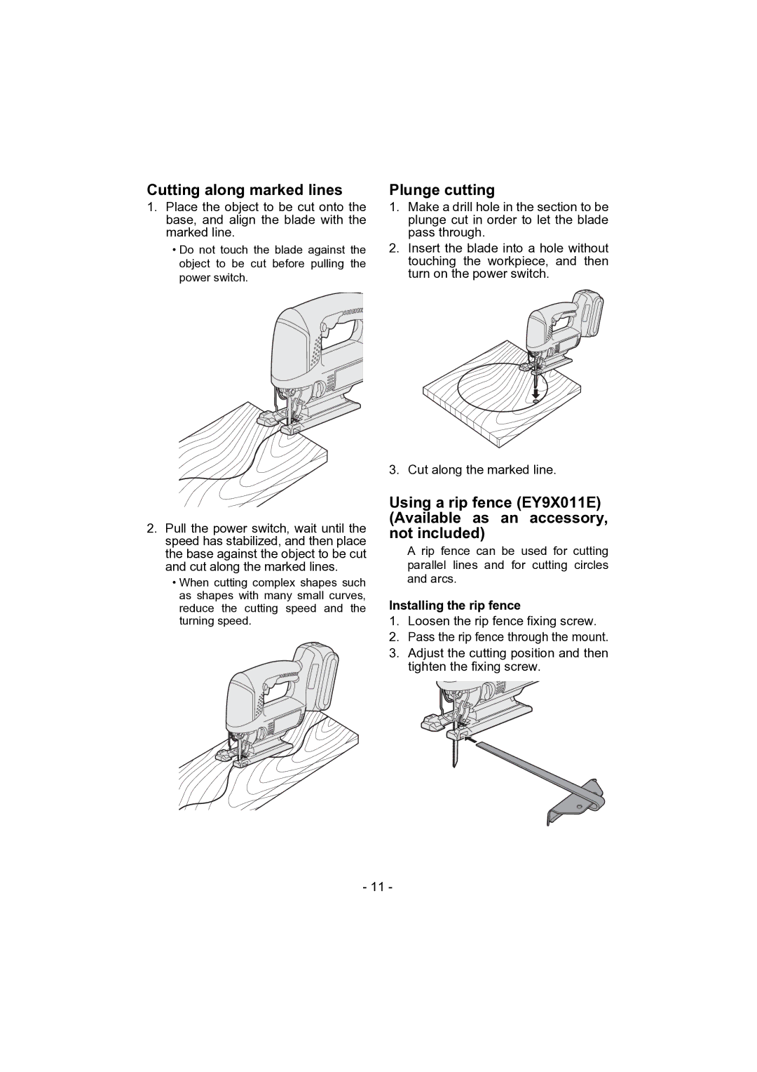 Panasonic EY4541 operating instructions Cutting along marked lines, Plunge cutting, Installing the rip fence 