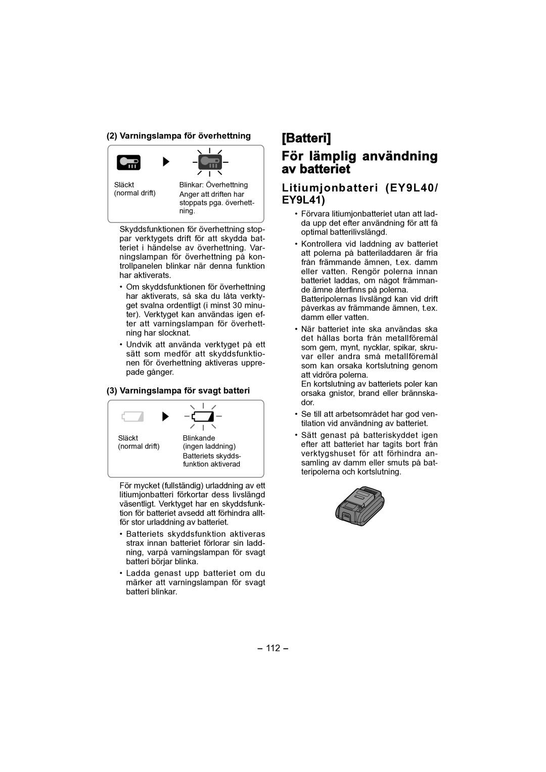 Panasonic EY4541 operating instructions Batteri För lämplig användning av batteriet, Litiumjonbatteri EY9L40/ EY9L41, 112 