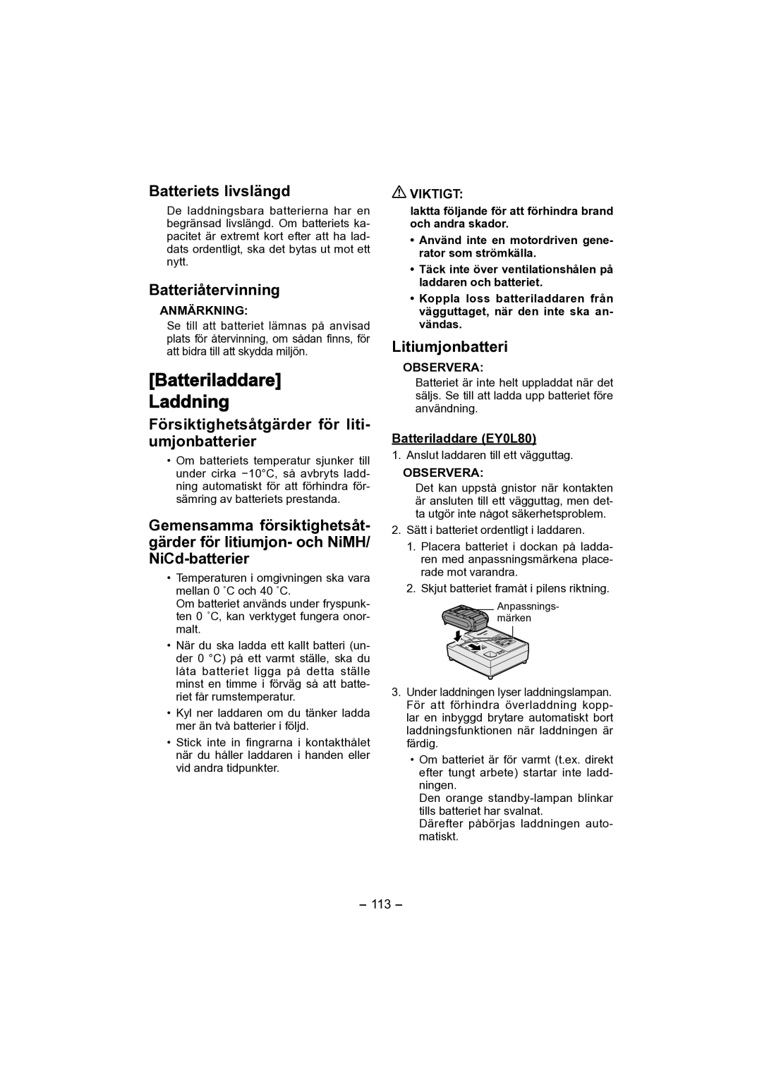 Panasonic EY4541 operating instructions Batteriladdare Laddning, Batteriets livslängd, Batteriåtervinning, Litiumjonbatteri 