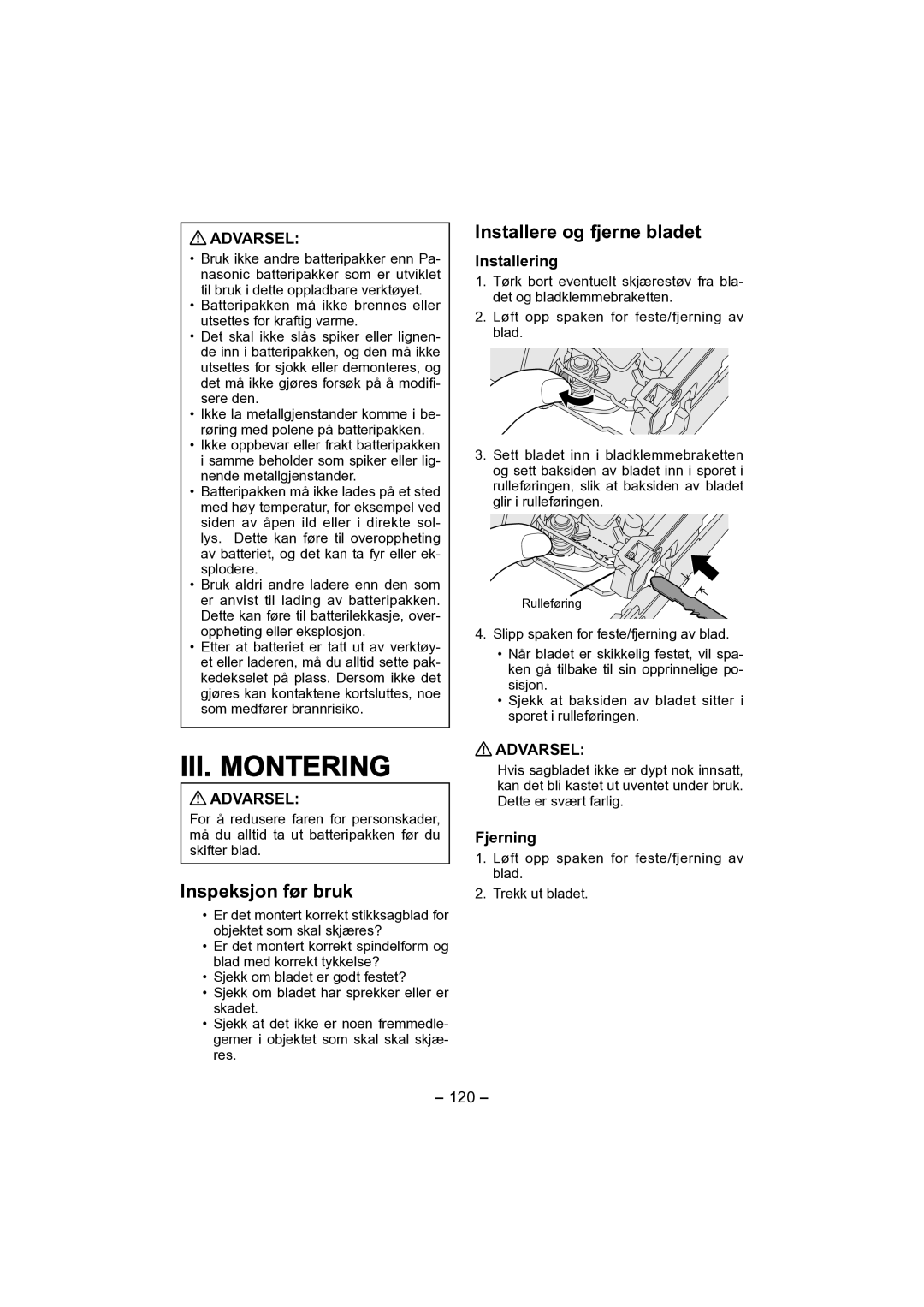 Panasonic EY4541 operating instructions Installere og fjerne bladet, Inspeksjon før bruk, Installering, Fjerning, 120 