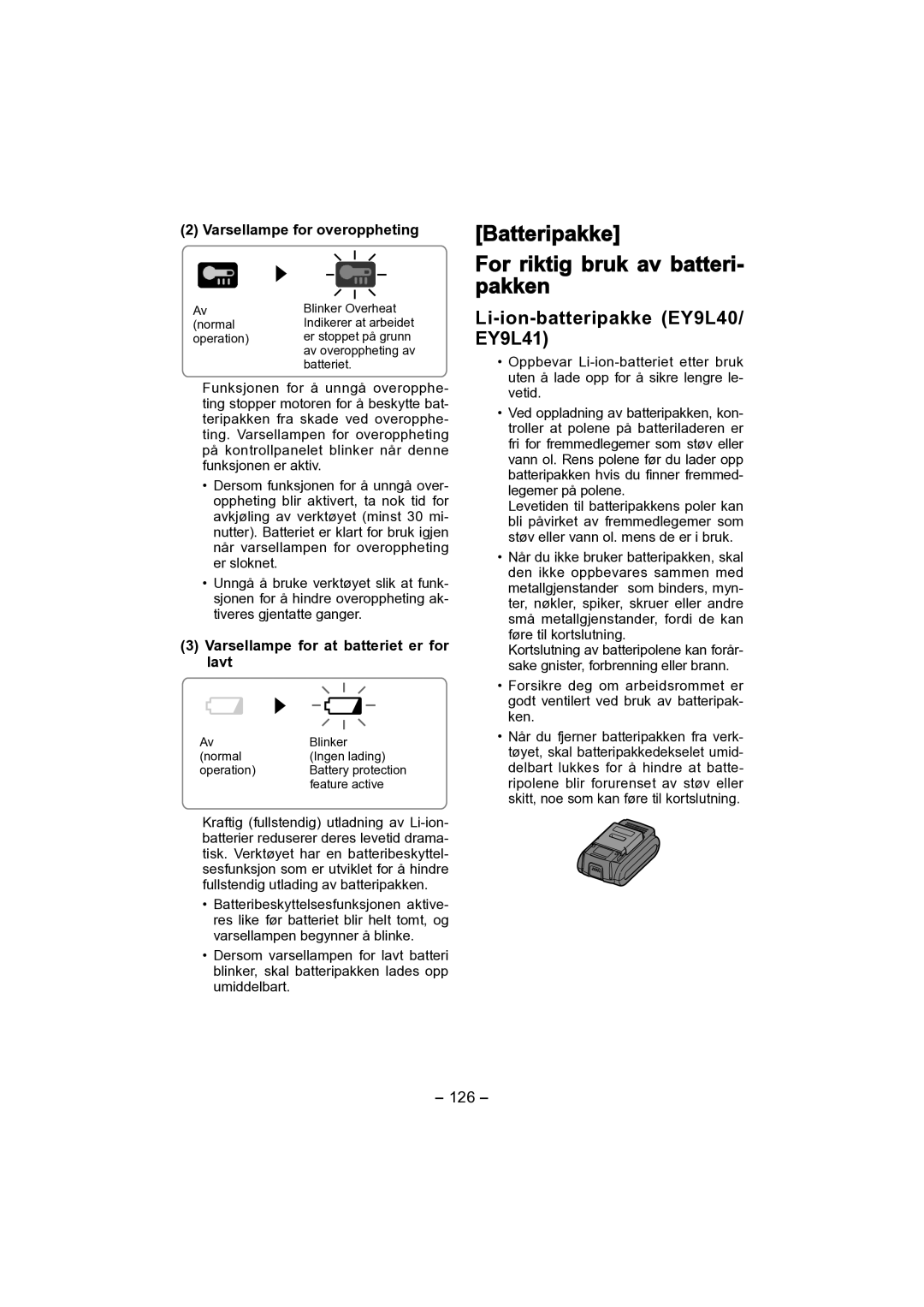 Panasonic EY4541 Batteripakke For riktig bruk av batteri- pakken, Li-ion-batteripakke EY9L40/ EY9L41, 126 