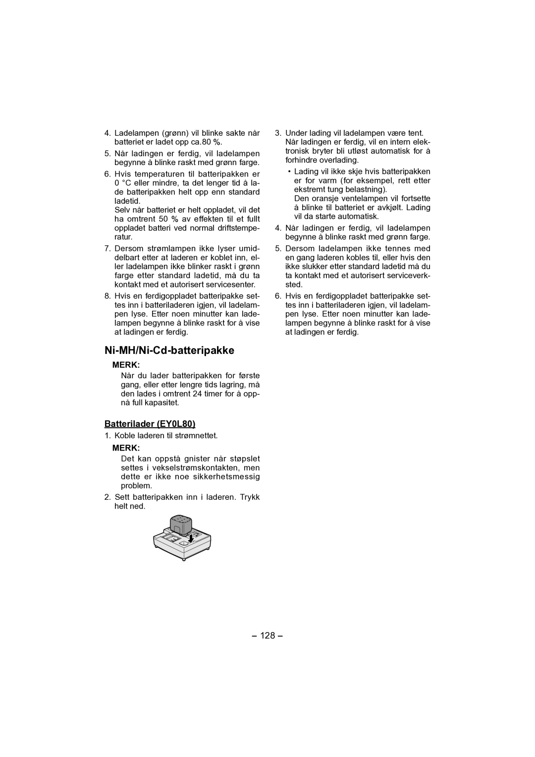 Panasonic EY4541 operating instructions Ni-MH/Ni-Cd-batteripakke, 128 