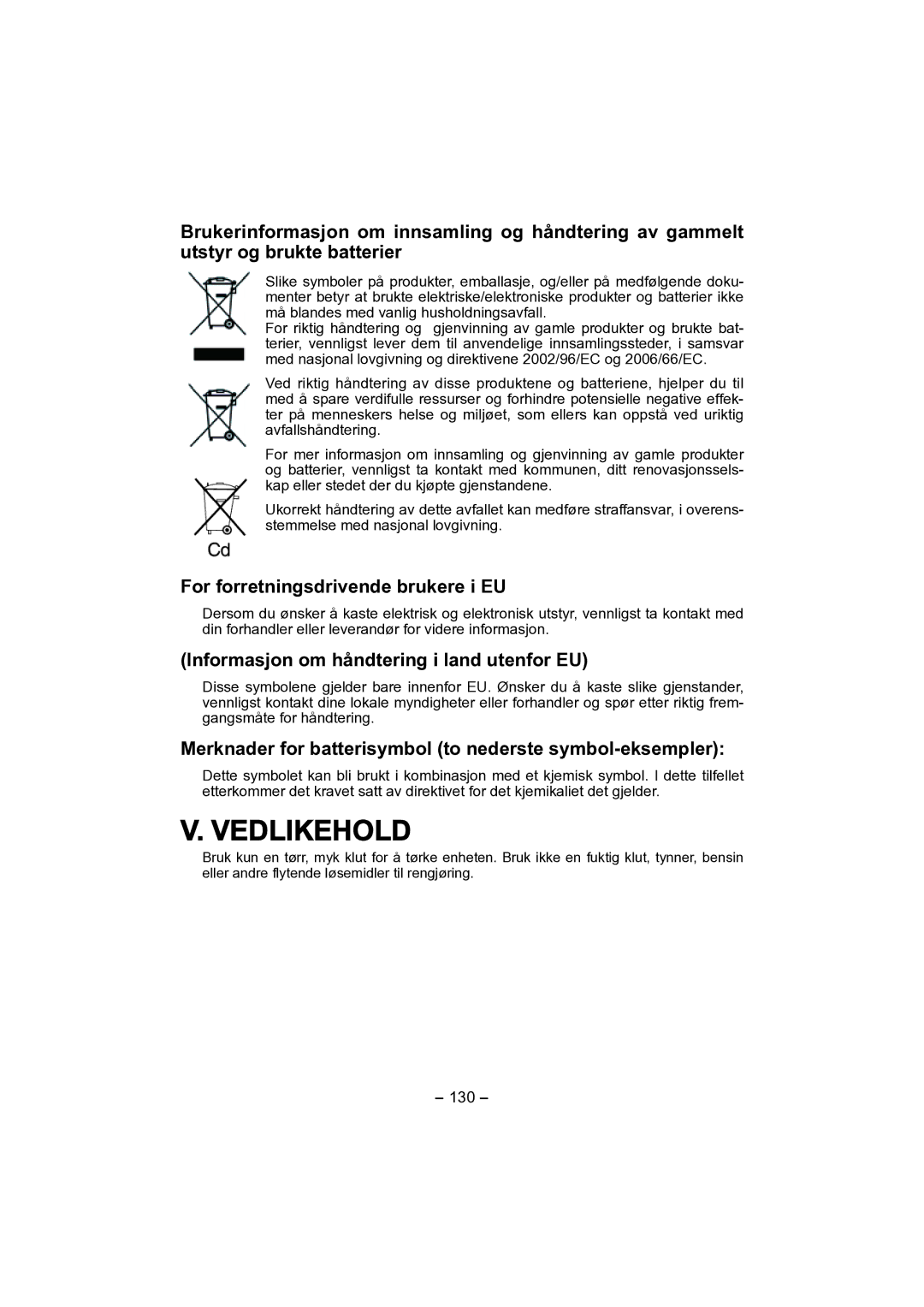 Panasonic EY4541 Vedlikehold, For forretningsdrivende brukere i EU, Informasjon om håndtering i land utenfor EU, 130 