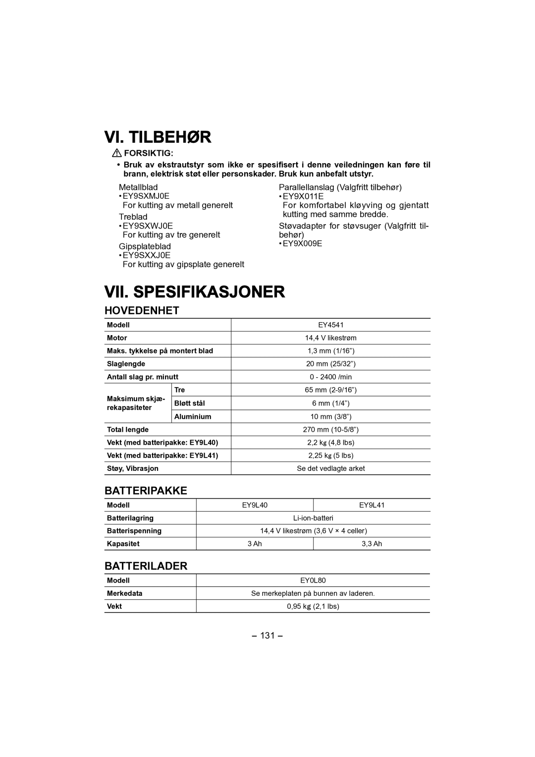 Panasonic EY4541 operating instructions VII. Spesifikasjoner, Hovedenhet, Batteripakke, Batterilader 