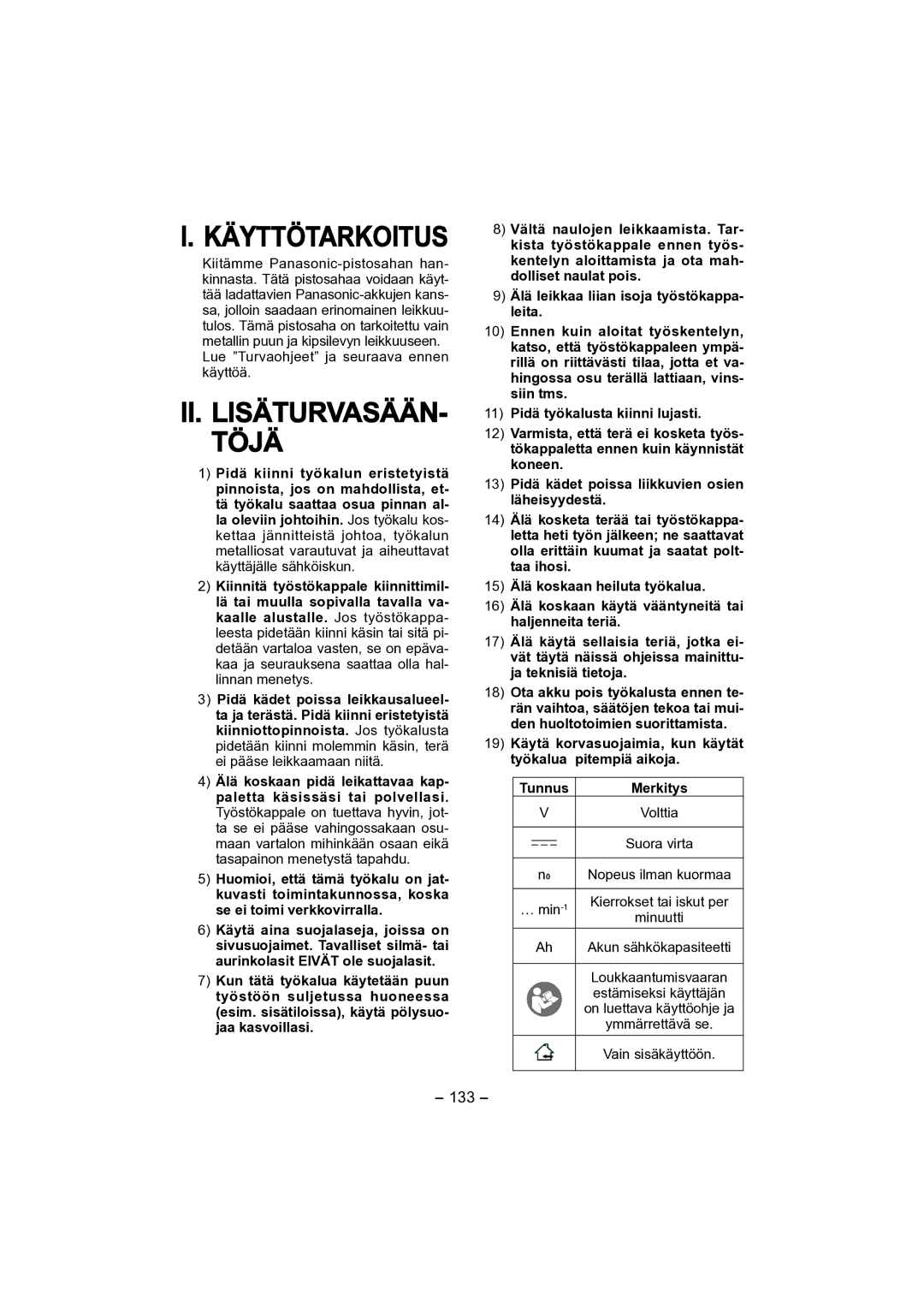 Panasonic EY4541 operating instructions Käyttötarkoitus, II. LISÄTURVASÄÄN- Töjä 