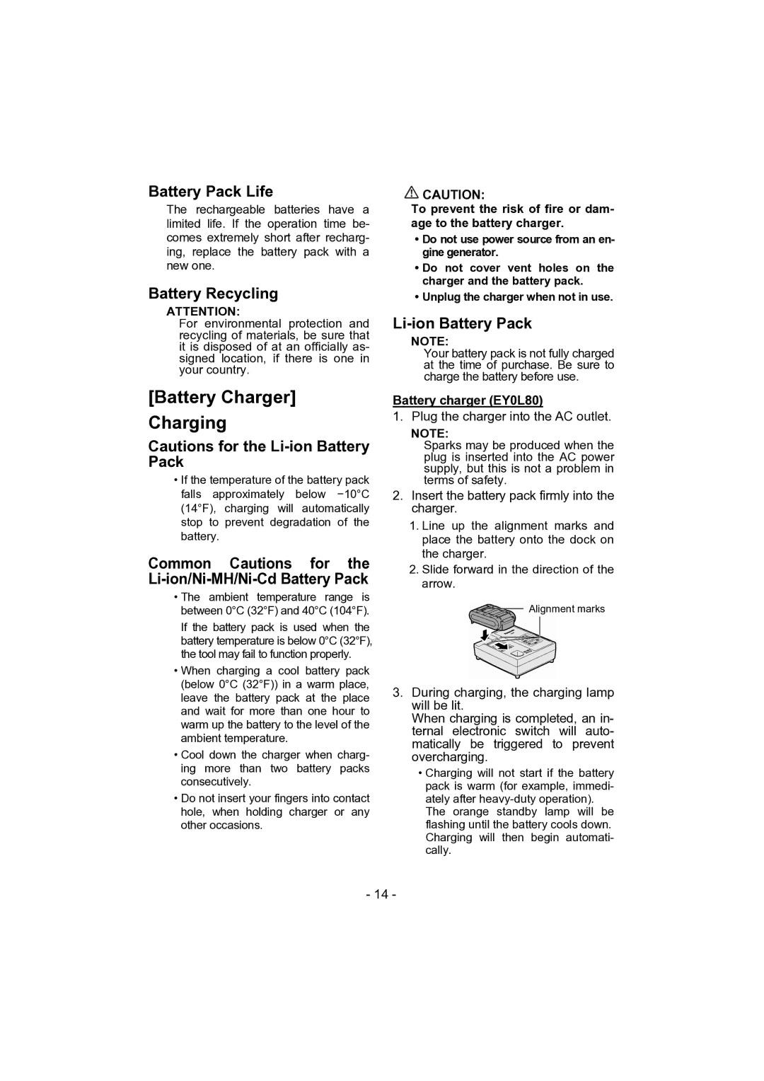 Panasonic EY4541 operating instructions Battery Charger Charging, Battery Pack Life, Battery Recycling, Li-ion Battery Pack 