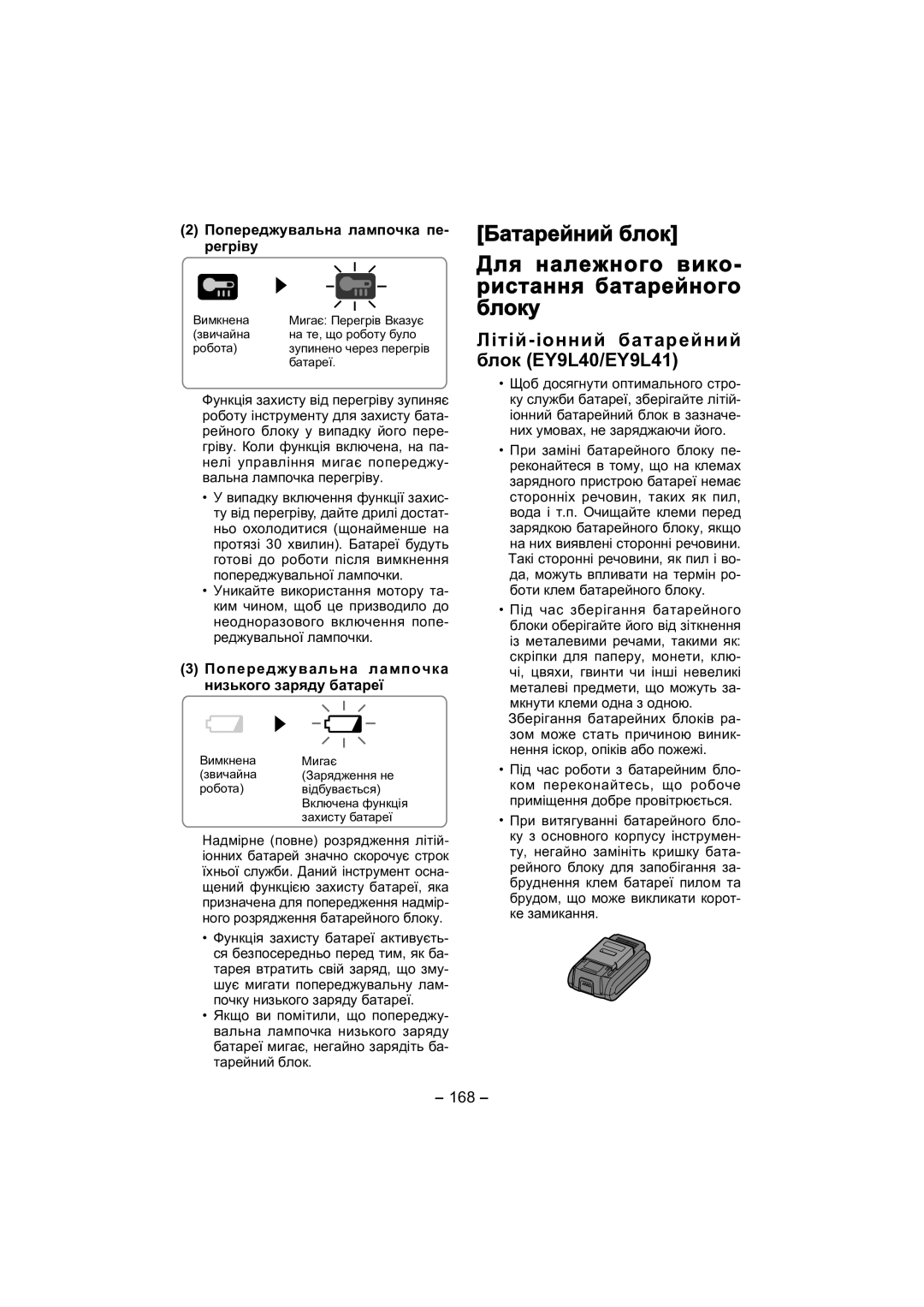 Panasonic EY4541 Літій-іонний батарейний блок EY9L40/EY9L41, Попереджувальна лампочка пе- регріву, 168 