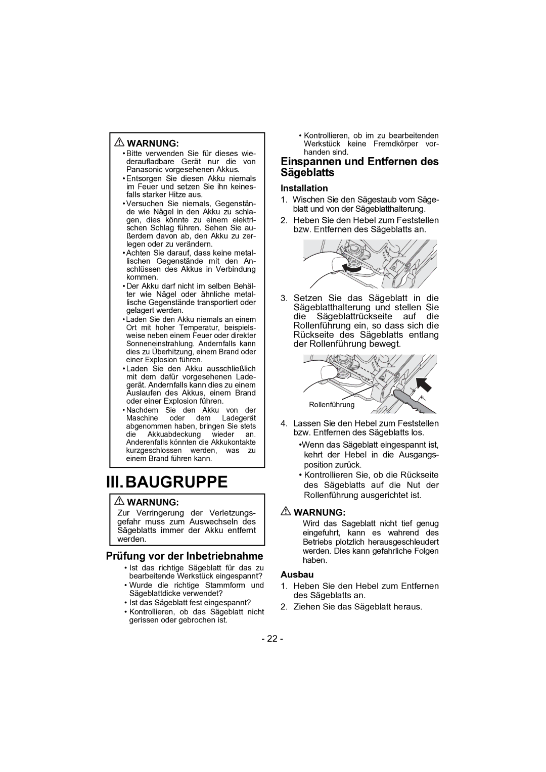 Panasonic EY4541 Prüfung vor der Inbetriebnahme, Einspannen und Entfernen des Sägeblatts, Warnung, Ausbau 