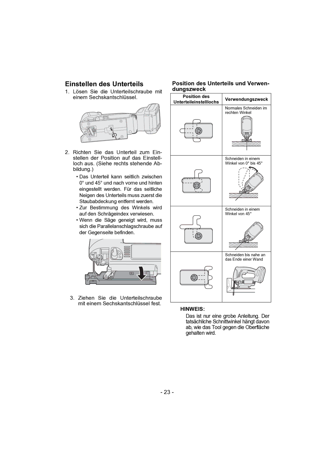 Panasonic EY4541 operating instructions Einstellen des Unterteils, Position des Unterteils und Verwen- dungszweck, Hinweis 