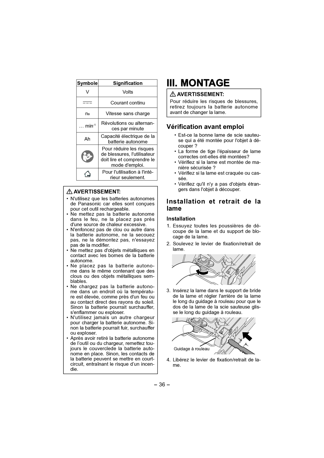 Panasonic EY4541 III. Montage, Vérification avant emploi, Installation et retrait de la lame, Avertissement 