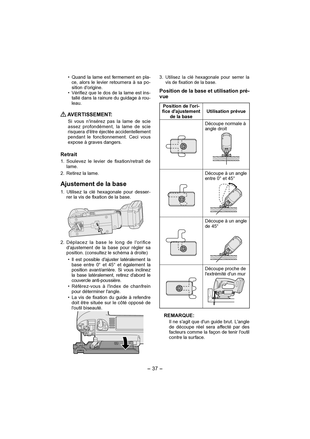 Panasonic EY4541 Ajustement de la base, Retrait, Position de la base et utilisation pré- vue, Remarque 