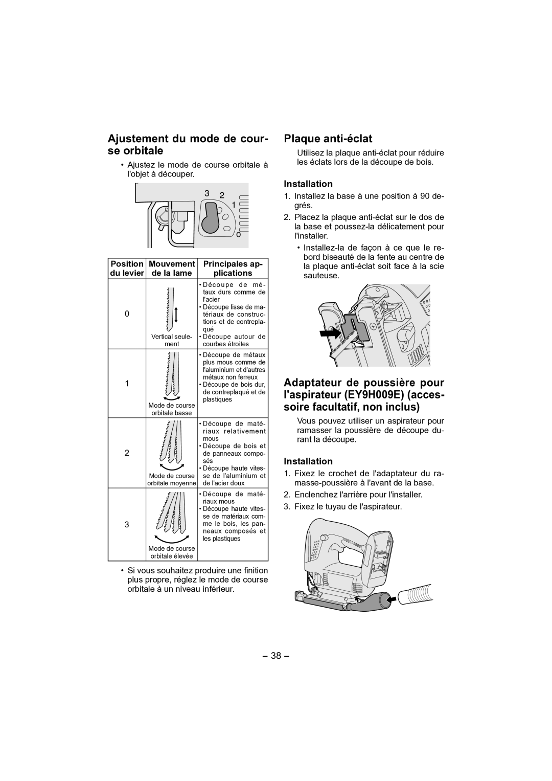 Panasonic EY4541 operating instructions Ajustement du mode de cour- se orbitale, Plaque anti-éclat 