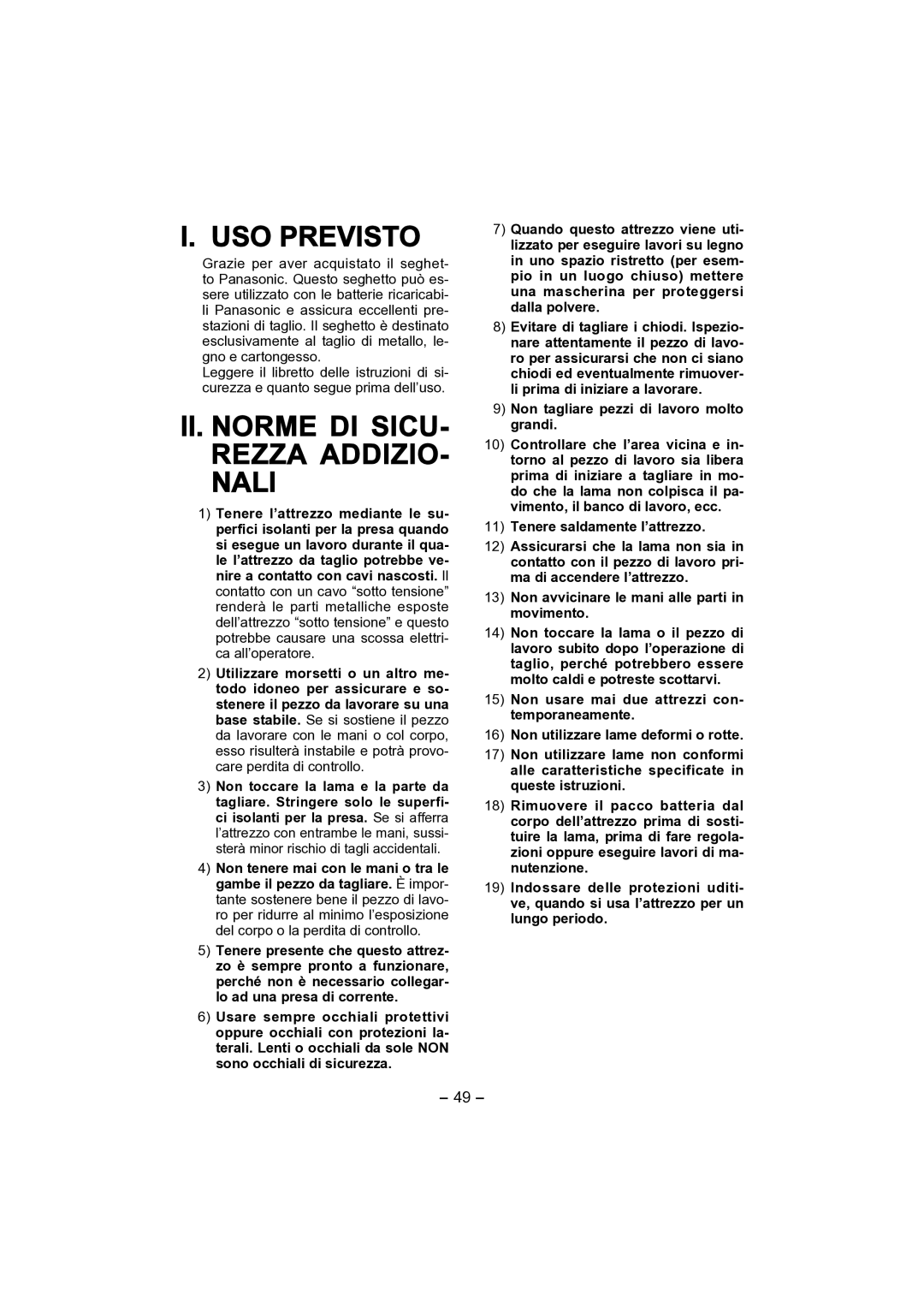 Panasonic EY4541 operating instructions USO Previsto, II. Norme DI SICU- Rezza ADDIZIO- Nali 