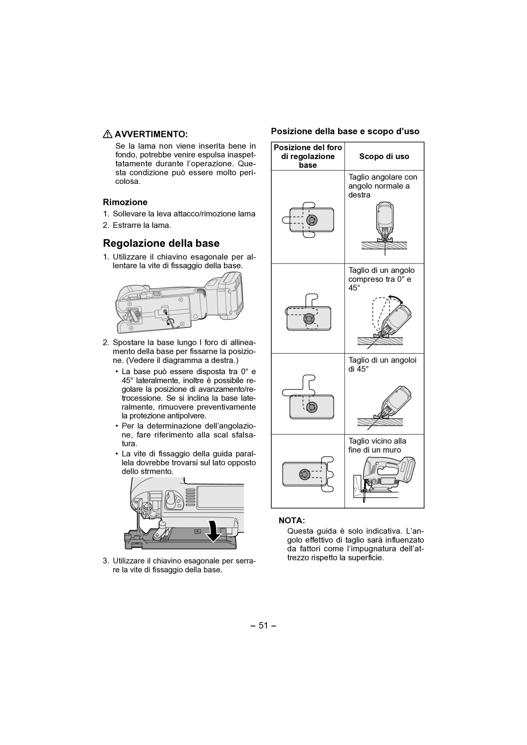 Panasonic EY4541 operating instructions Regolazione della base, Rimozione, Posizione della base e scopo d’uso, Nota 