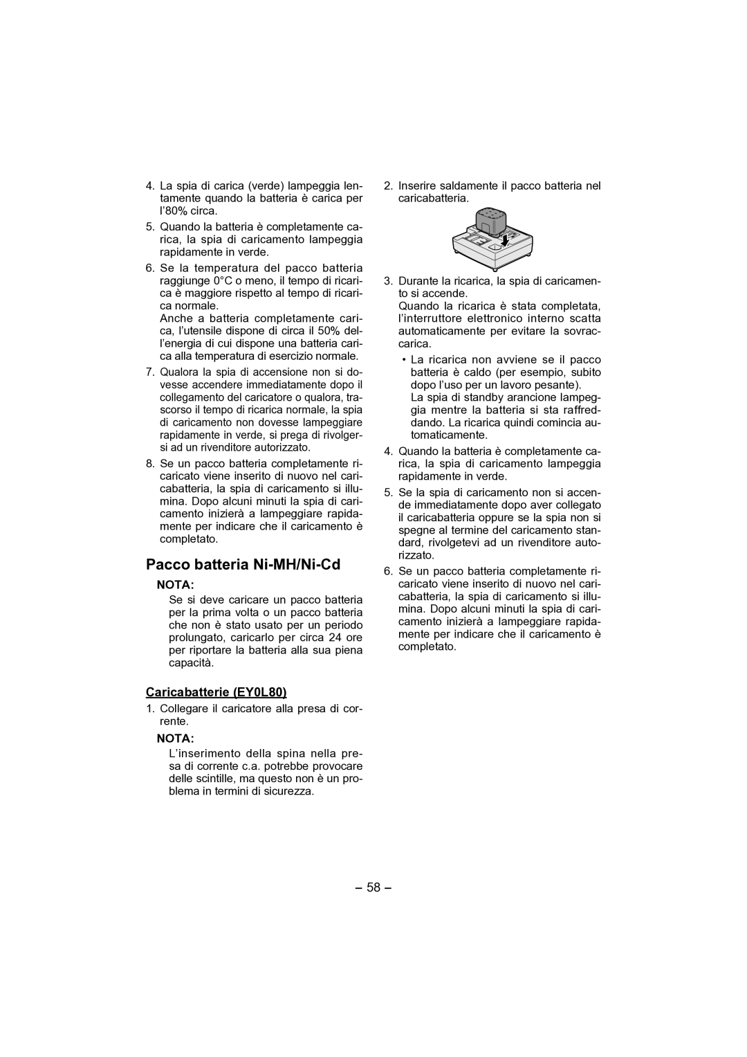 Panasonic EY4541 operating instructions Pacco batteria Ni-MH/Ni-Cd 