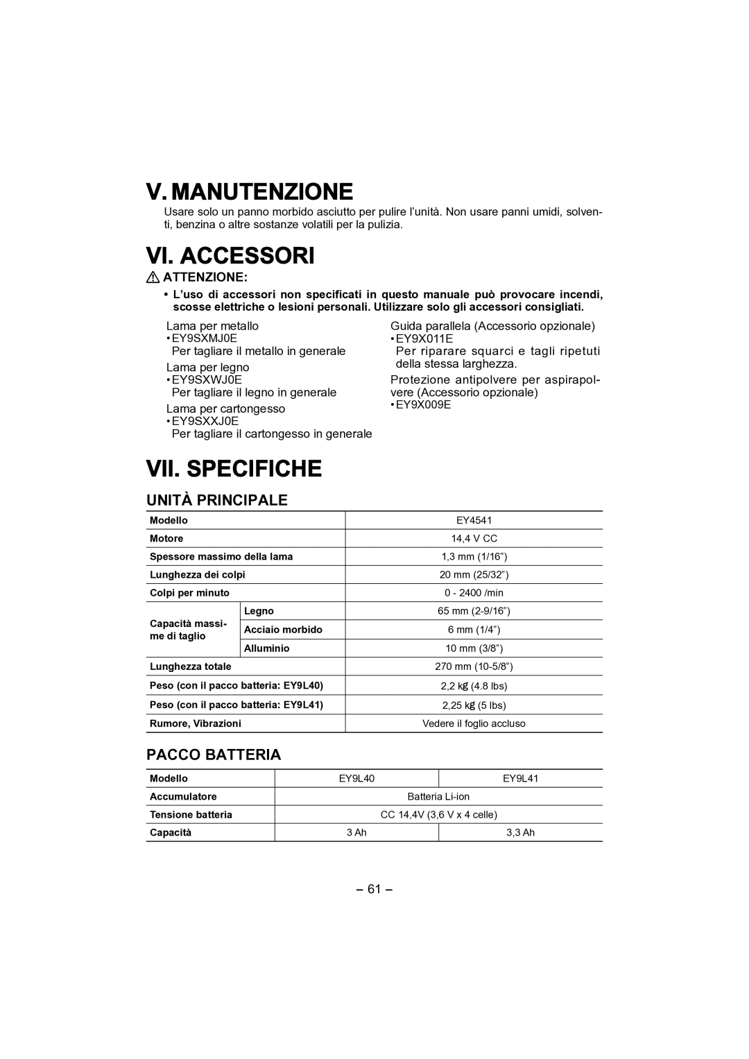 Panasonic EY4541 operating instructions Manutenzione, VI. Accessori, VII. Specifiche, Unità Principale, Pacco Batteria 