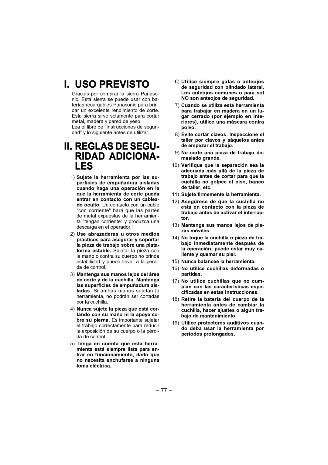 Panasonic EY4541 operating instructions USO Previsto, II. Reglas DE SEGU- Ridad ADICIONA- LES 