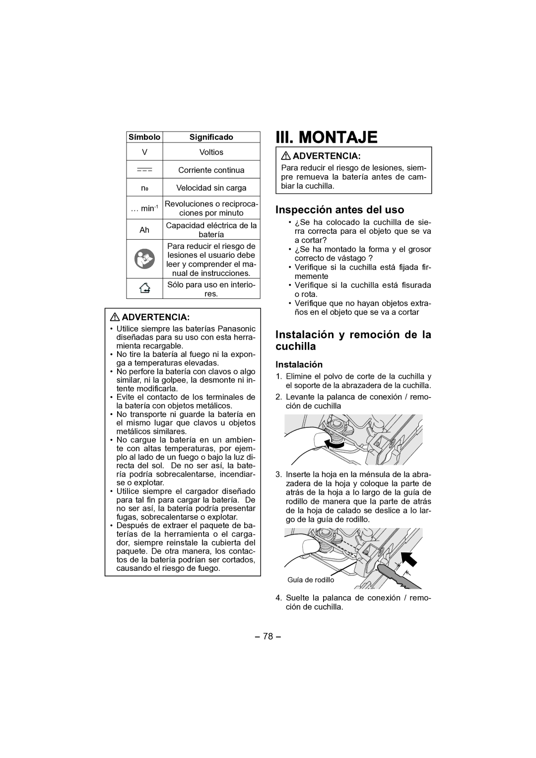 Panasonic EY4541 III. Montaje, Inspección antes del uso, Instalación y remoción de la cuchilla, Advertencia 