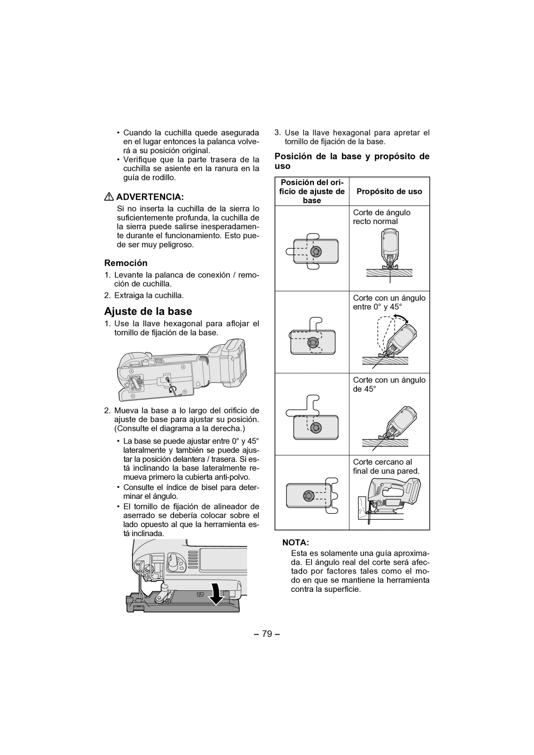 Panasonic EY4541 operating instructions Ajuste de la base, Remoción, Posición de la base y propósito de uso 