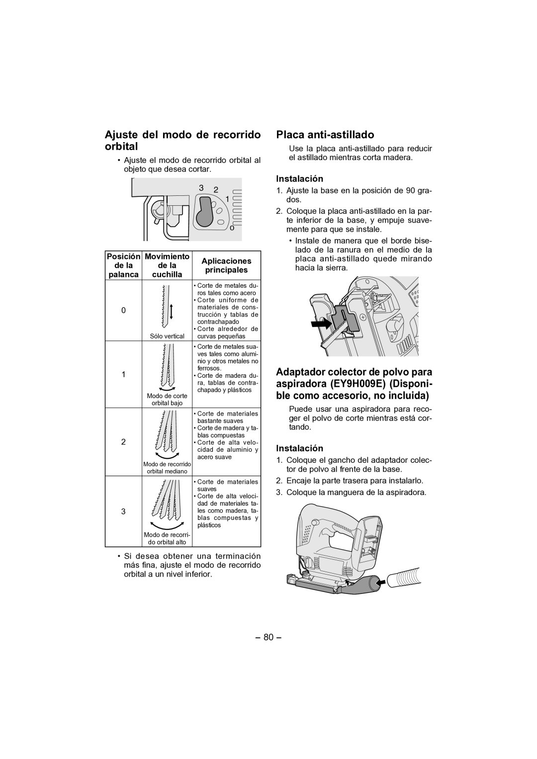 Panasonic EY4541 operating instructions Ajuste del modo de recorrido orbital, Placa anti-astillado 