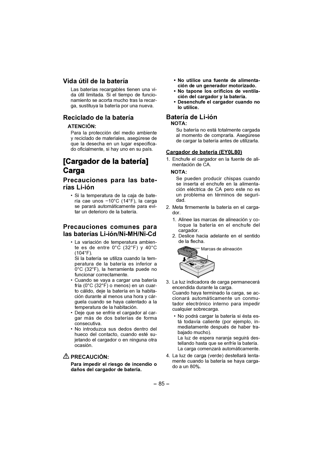 Panasonic EY4541 operating instructions Cargador de la batería Carga 