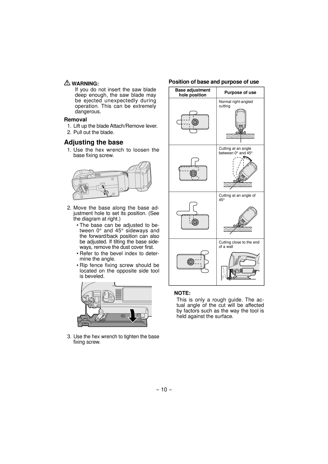 Panasonic EY4541 operating instructions Adjusting the base, Removal, Position of base and purpose of use 