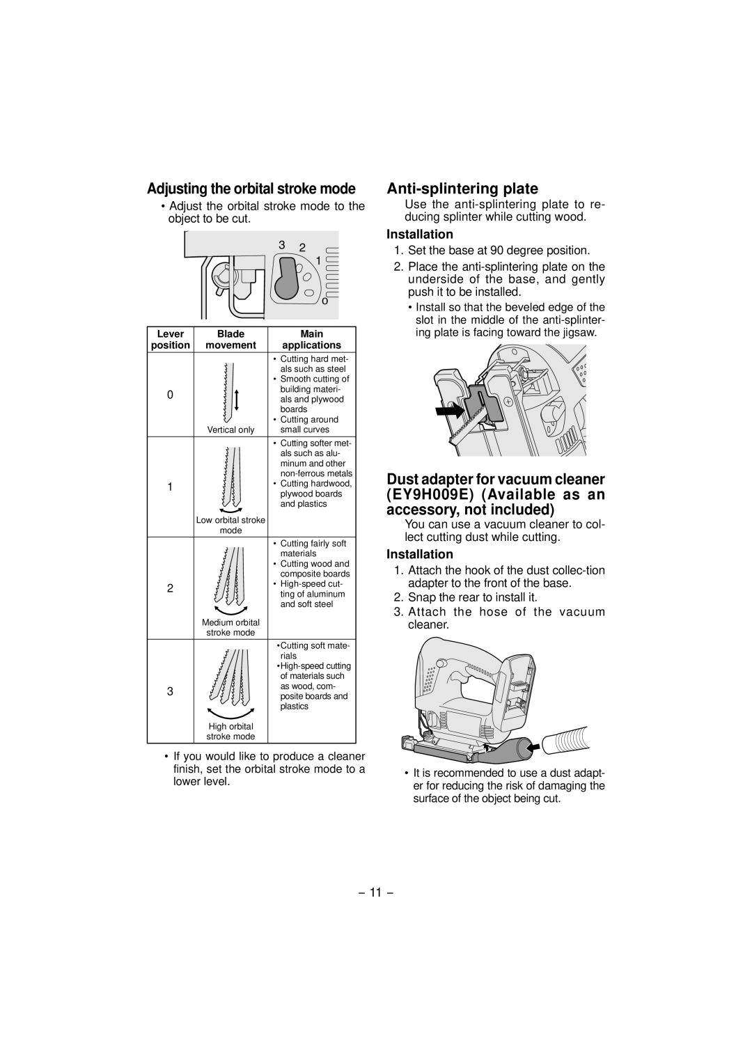 Panasonic EY4541 operating instructions Adjusting the orbital stroke mode, Anti-splintering plate 