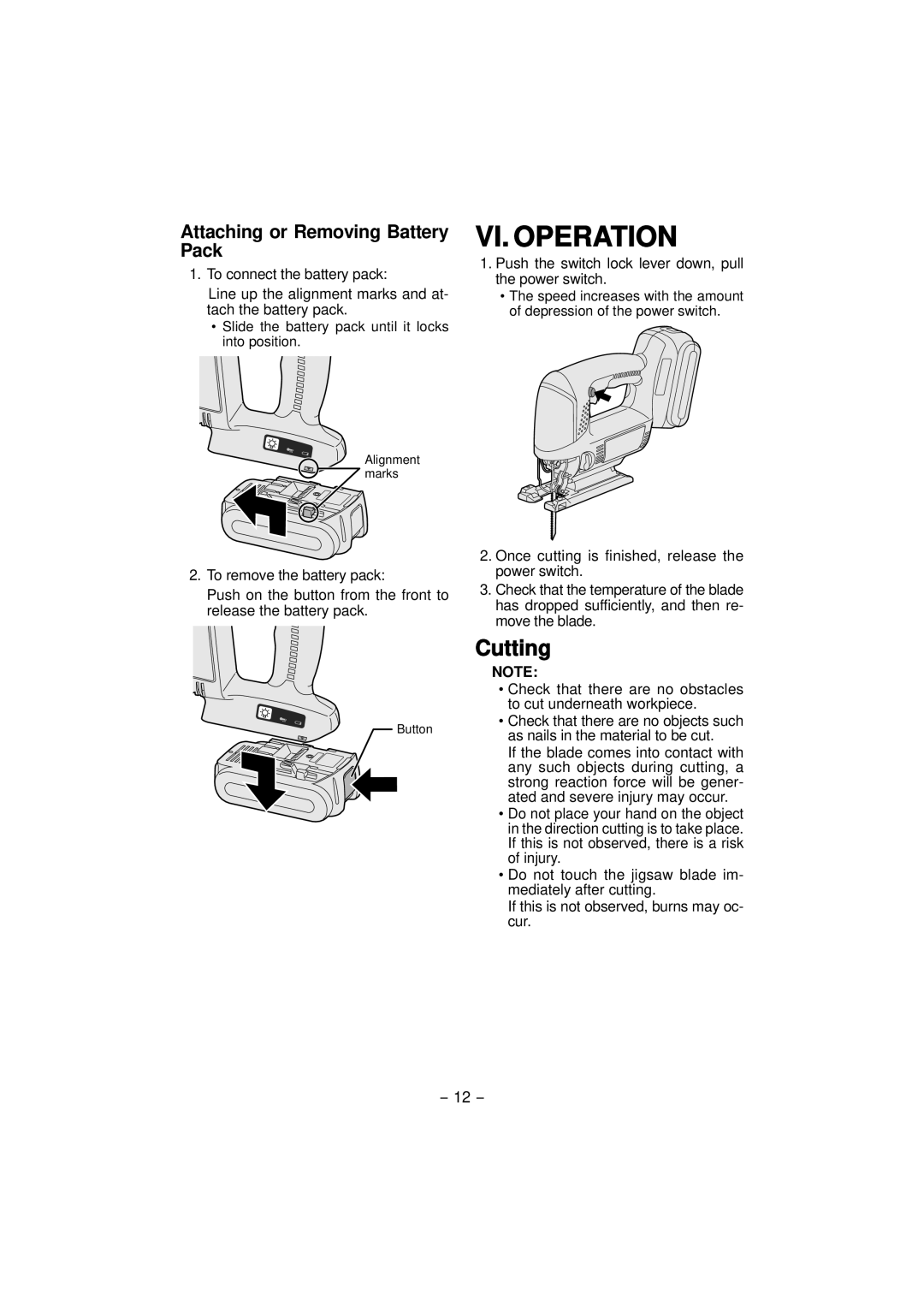 Panasonic EY4541 operating instructions VI. Operation, Cutting, Attaching or Removing Battery Pack 