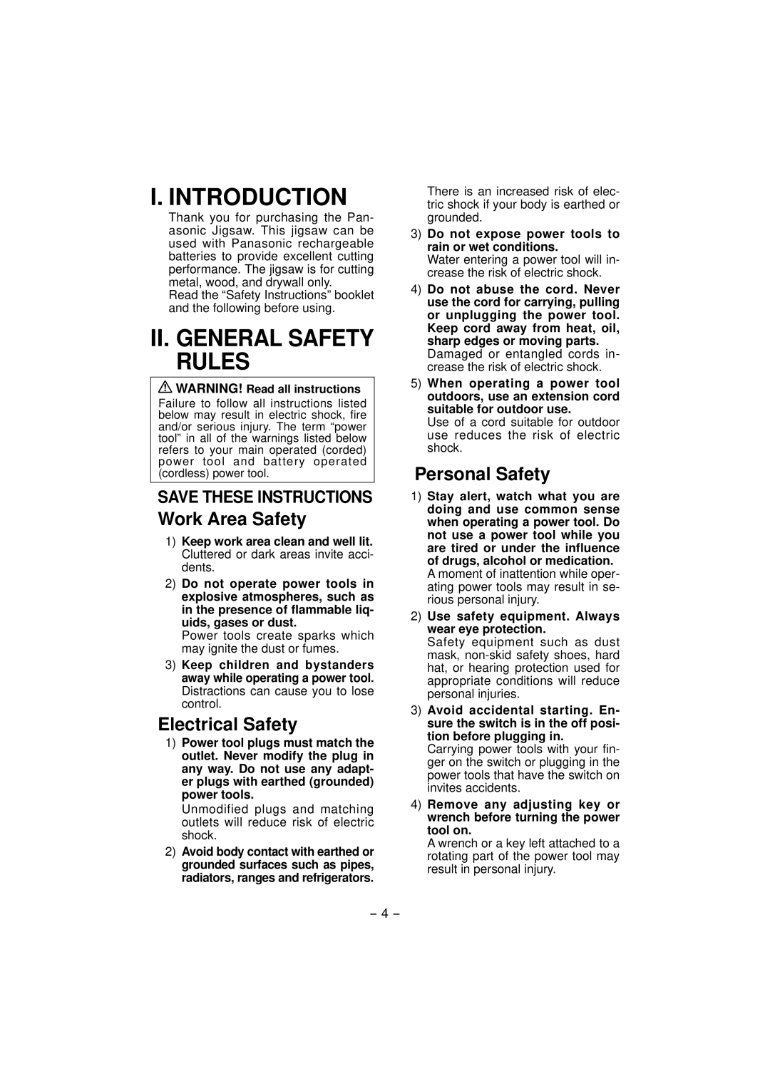 Panasonic EY4541 Introduction, II. General Safety Rules, Work Area Safety, Electrical Safety, Personal Safety 