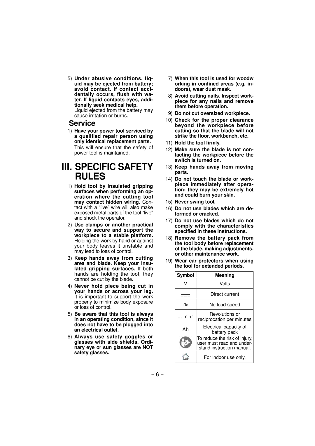 Panasonic EY4541 operating instructions III. Specific Safety Rules, Service, Symbol Meaning 