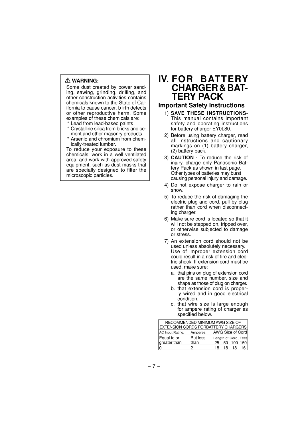 Panasonic EY4541 operating instructions IV. for Battery Charger & BAT- Tery Pack, Important Safety Instructions 