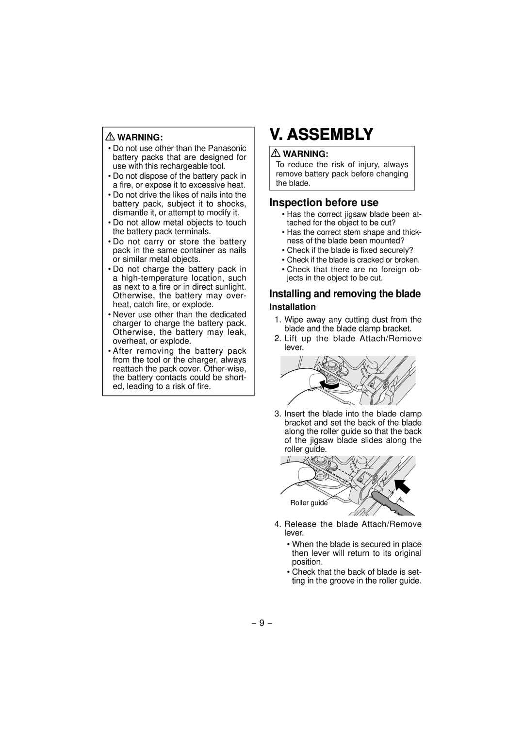 Panasonic EY4541 operating instructions Assembly, Inspection before use, Installing and removing the blade, Installation 