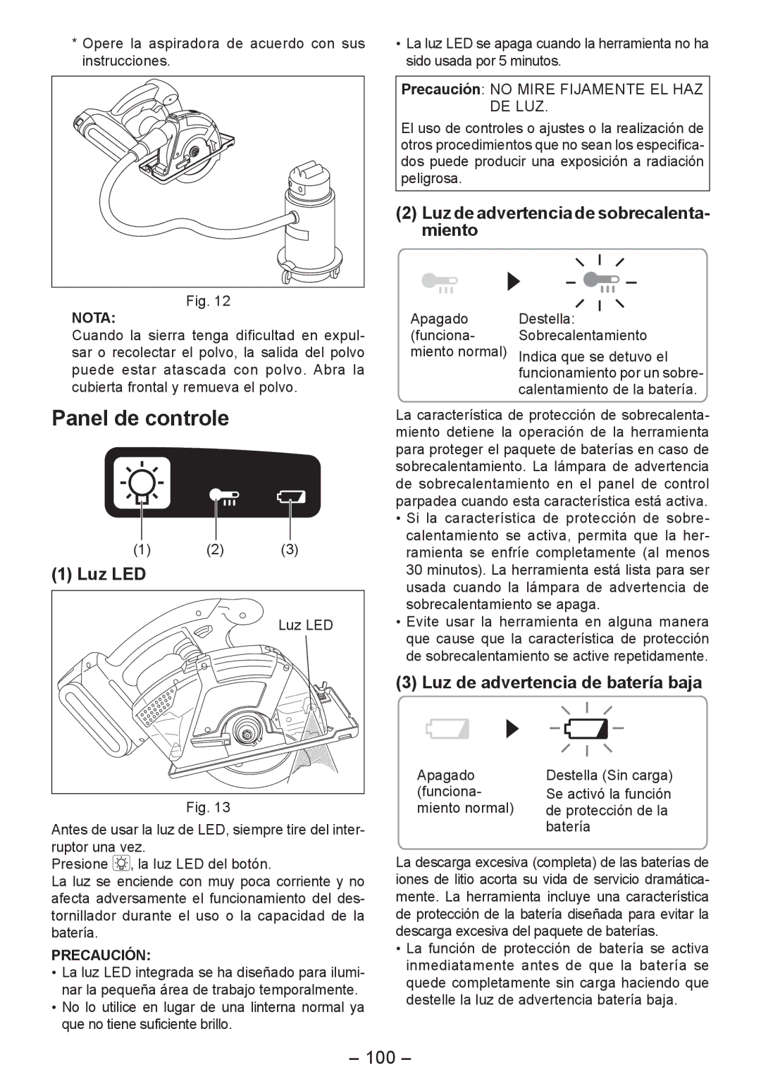 Panasonic EY4542 manual Panel de controle, Luz LED, Luz de advertencia de sobrecalenta­ miento, 100 