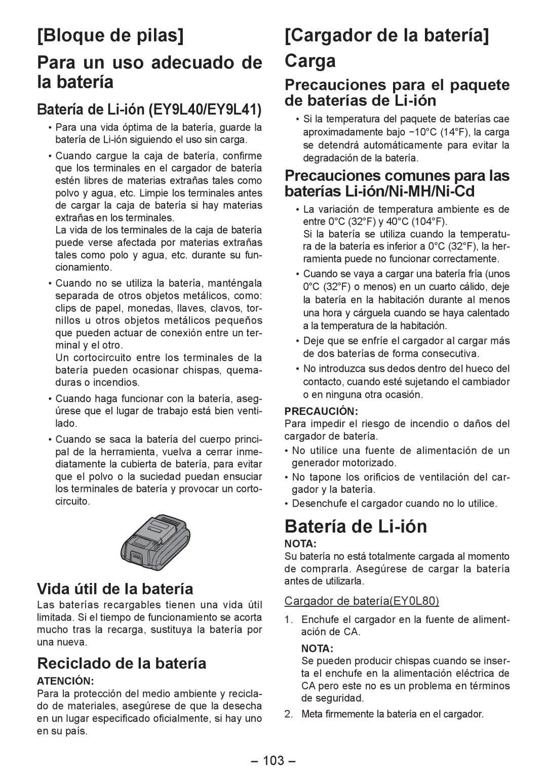 Panasonic EY4542 manual Bloque de pilas Para un uso adecuado de la batería, Cargador de la batería Carga, Batería de Li-ión 