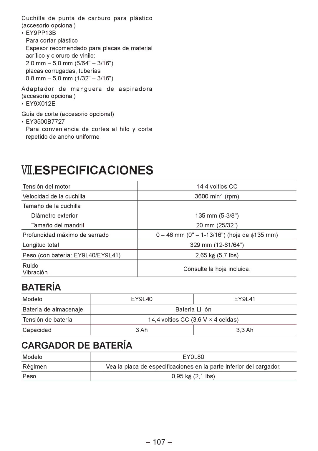 Panasonic EY4542 manual Vii.Especificaciones, 107 