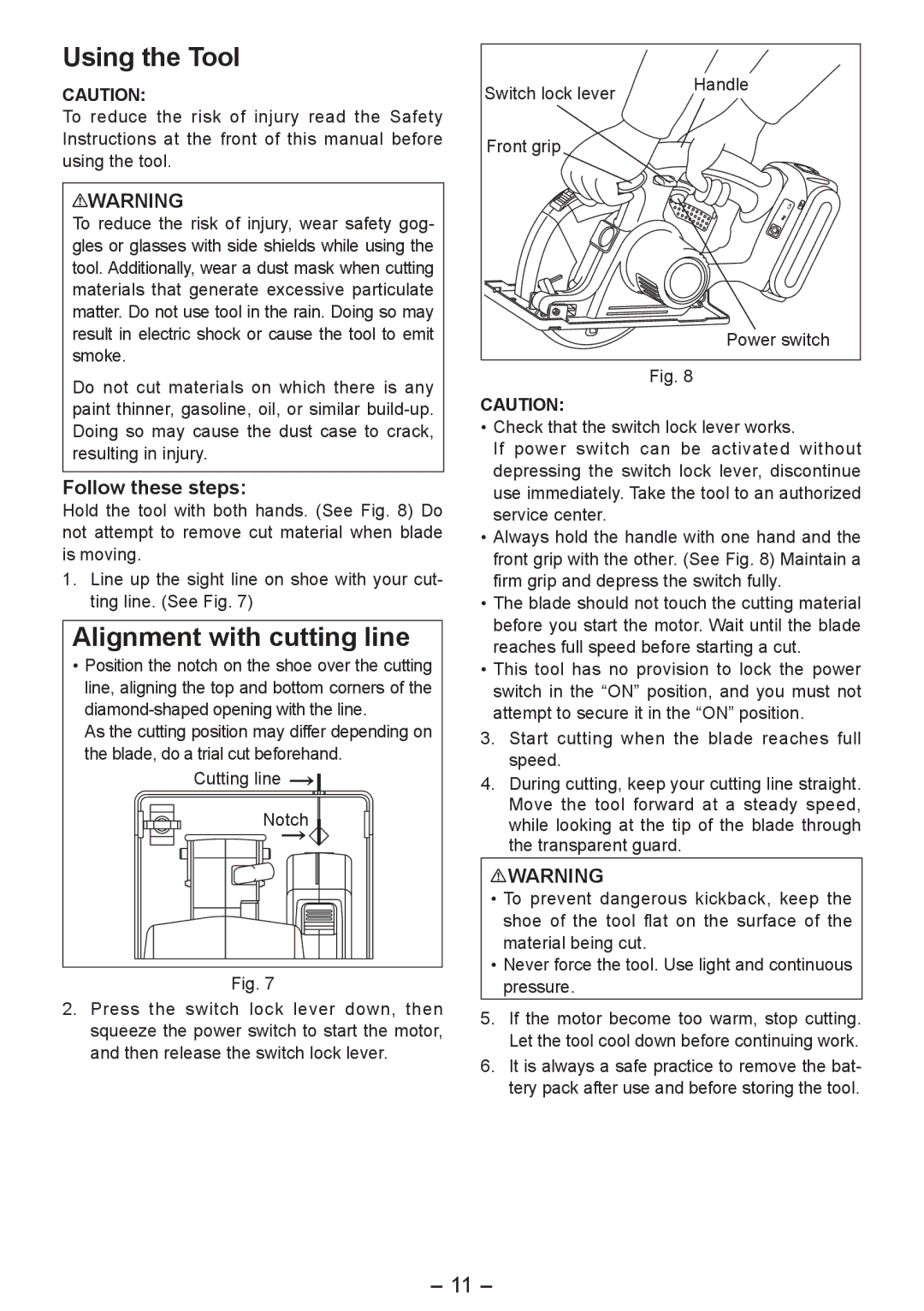 Panasonic EY4542 manual Using the Tool, Alignment with cutting line, Switch lock lever Handle Front grip 