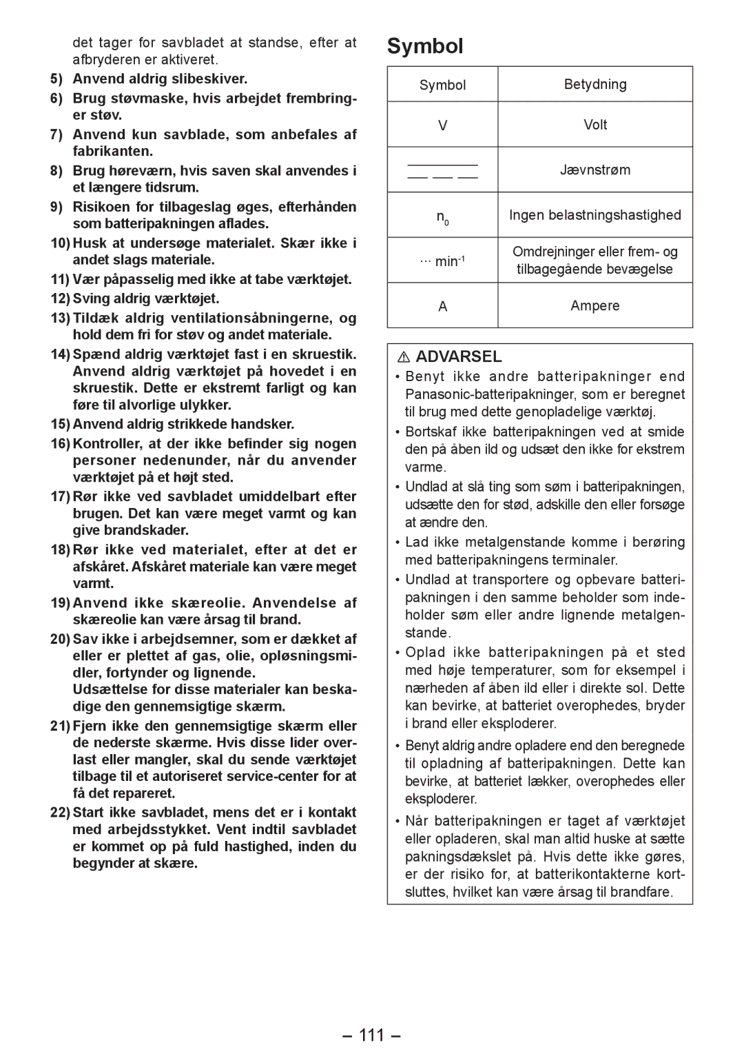 Panasonic EY4542 manual 111, Sving aldrig værktøjet, Symbol Betydning 