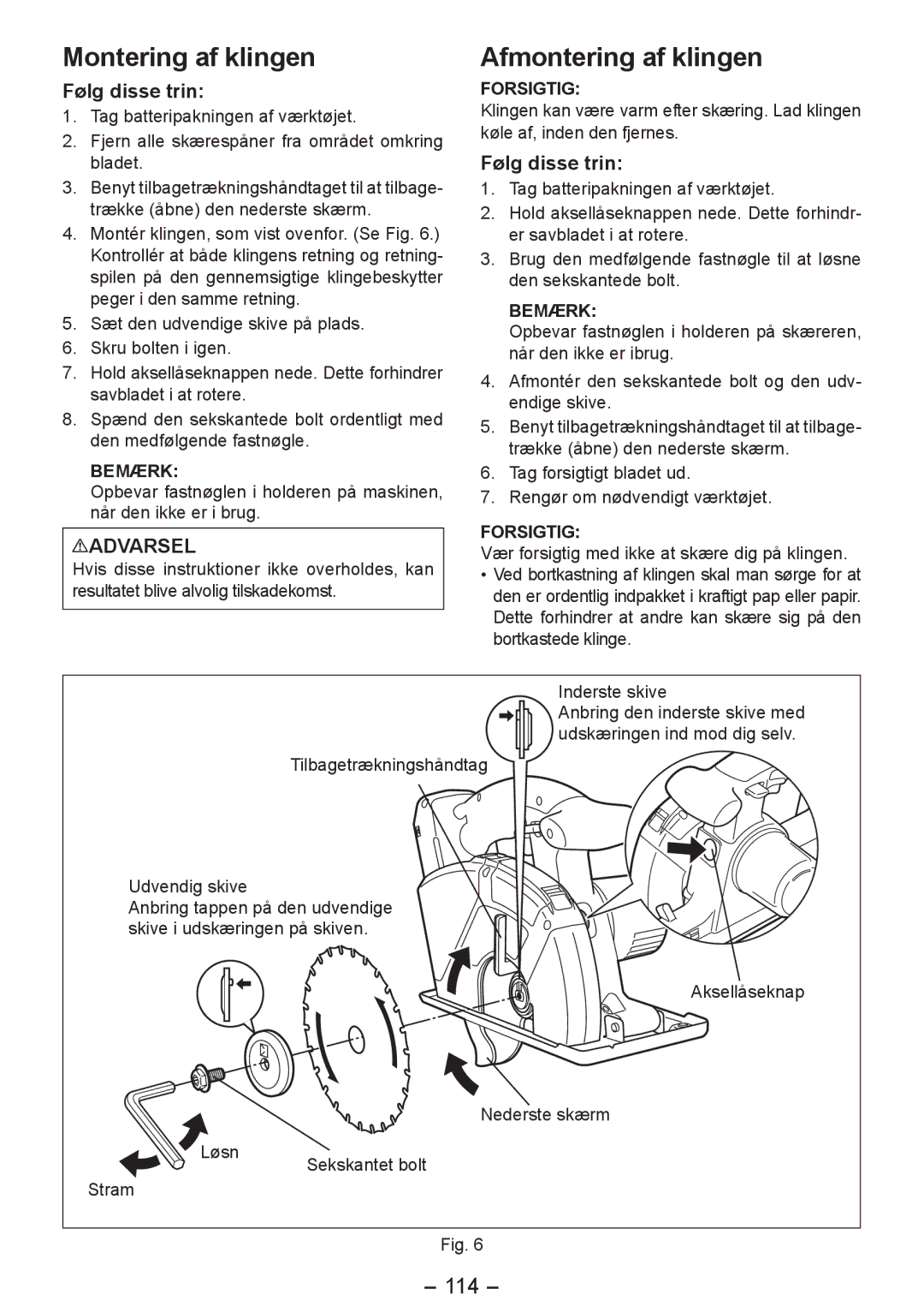 Panasonic EY4542 manual Montering af klingen, Afmontering af klingen, 114, Følg disse trin 