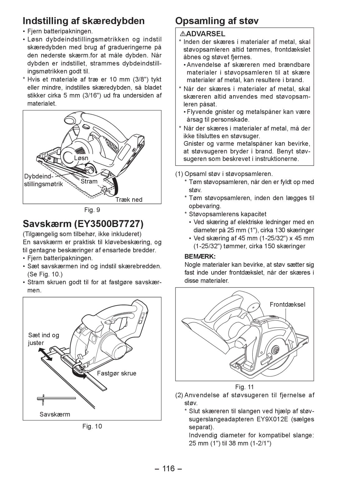 Panasonic EY4542 manual Indstilling af skæredybden, Savskærm EY3500B7727, Opsamling af støv, 116 