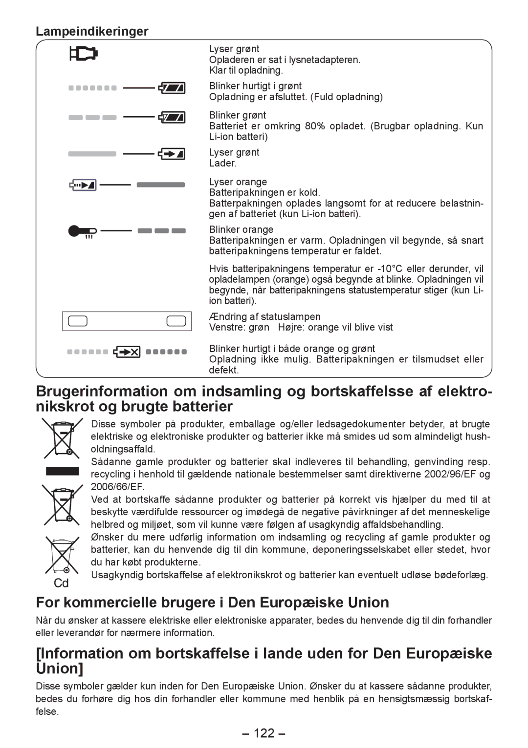 Panasonic EY4542 manual For kommercielle brugere i Den Europæiske Union, Lampeindikeringer, 122 