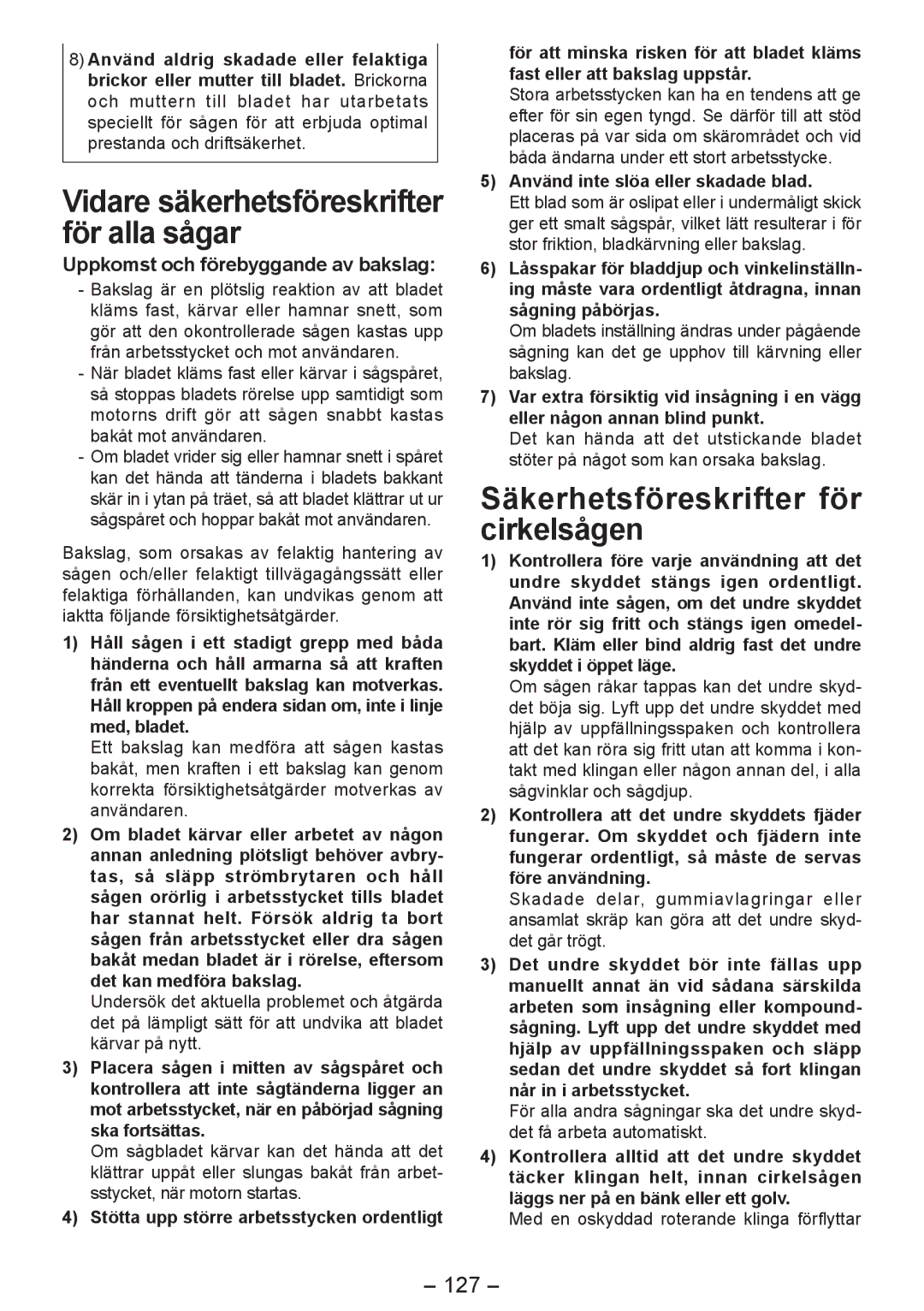 Panasonic EY4542 manual Säkerhetsföreskrifter för cirkelsågen, 127, Uppkomst och förebyggande av bakslag 