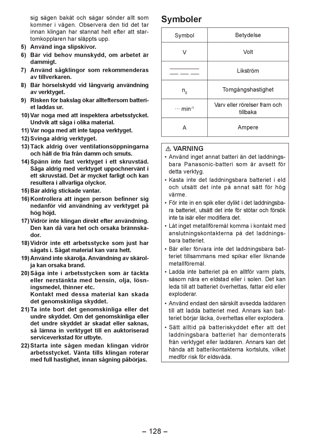 Panasonic EY4542 manual Symboler, 128, Symbol Betydelse, Likström, Tillbaka 