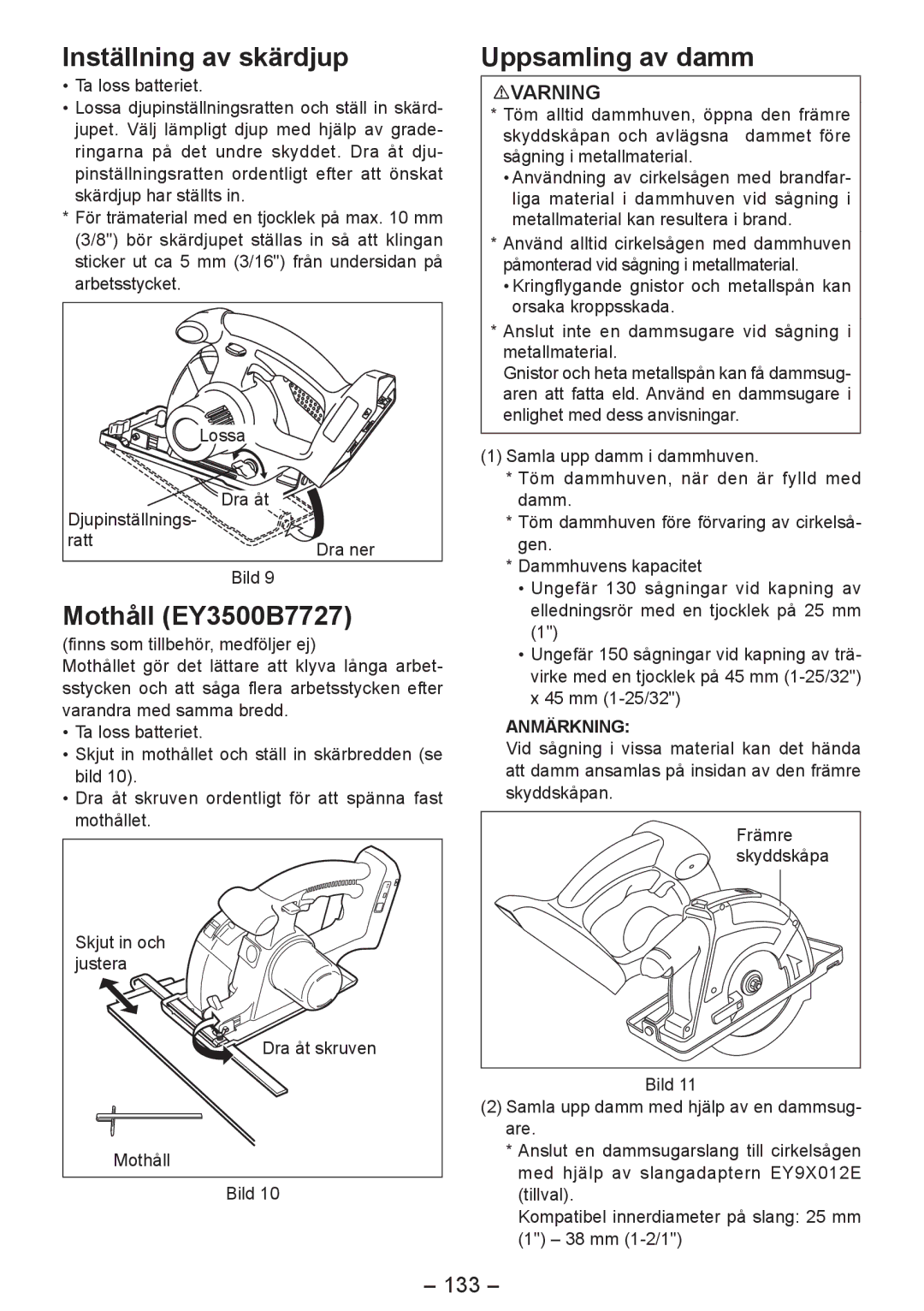 Panasonic EY4542 manual Inställning av skärdjup, Mothåll EY3500B7727, Uppsamling av damm, 133 