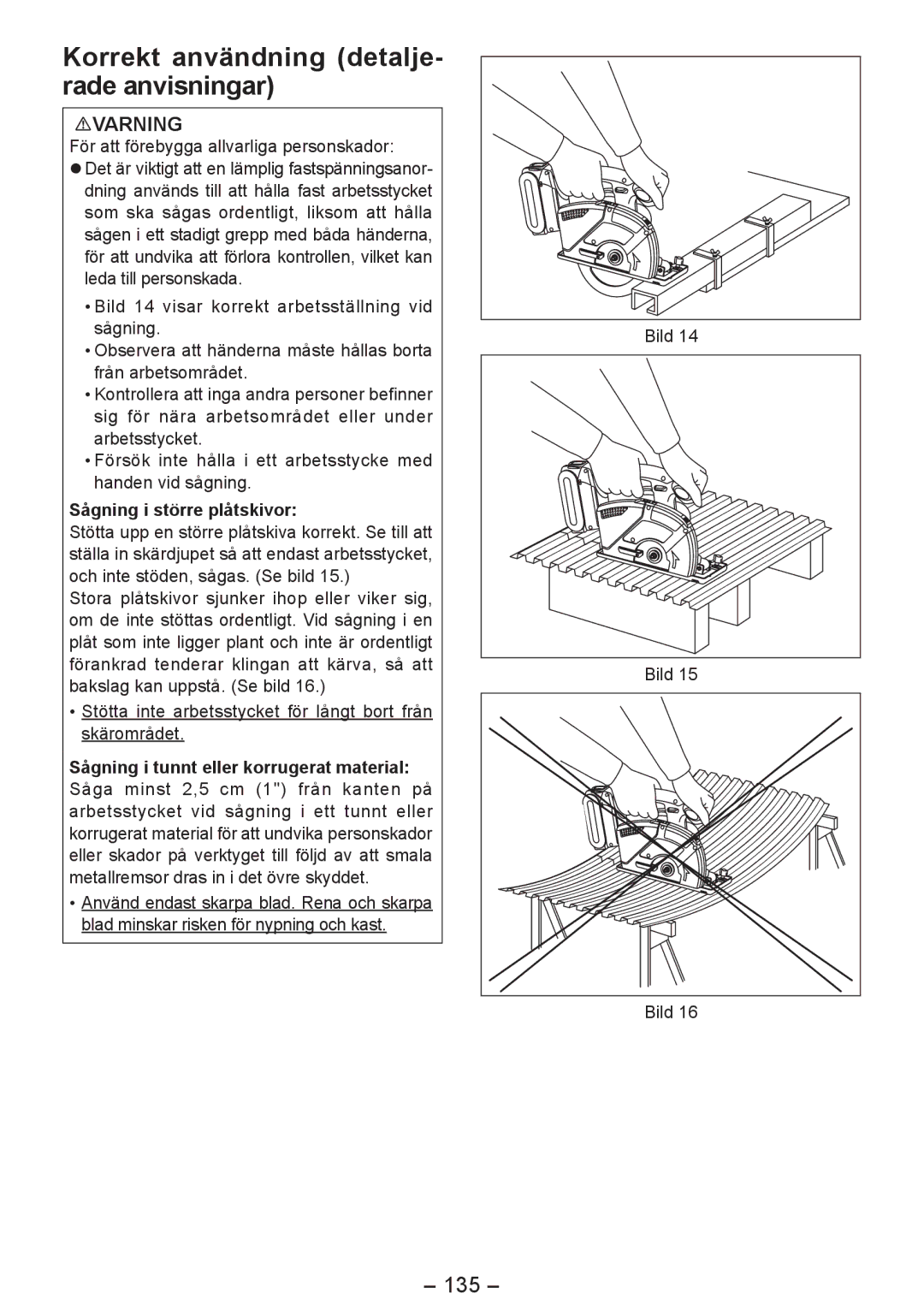 Panasonic EY4542 manual Korrekt användning detalje­ rade anvisningar, 135, För att förebygga allvarliga personskador 